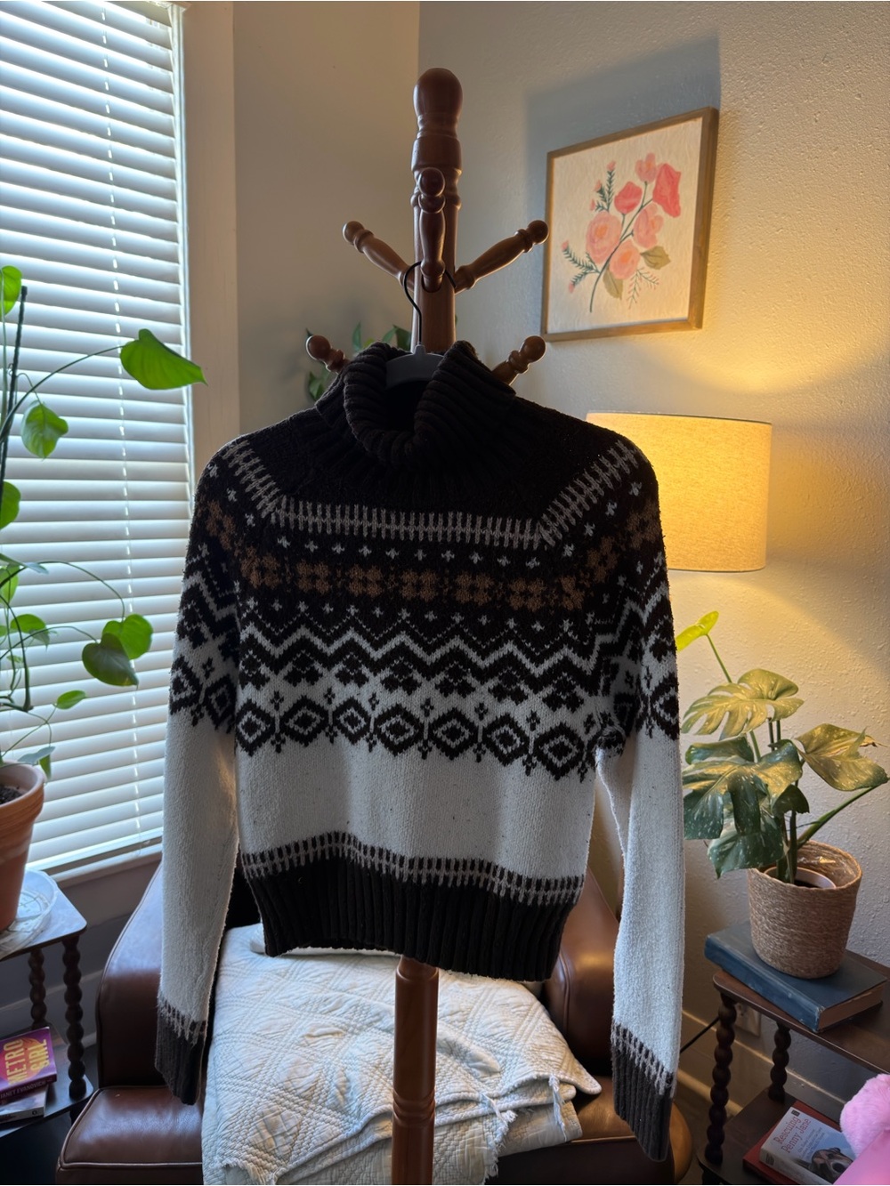 American Eagle Outfitters Black, White & Brown Fair Isle Turtleneck Sweater